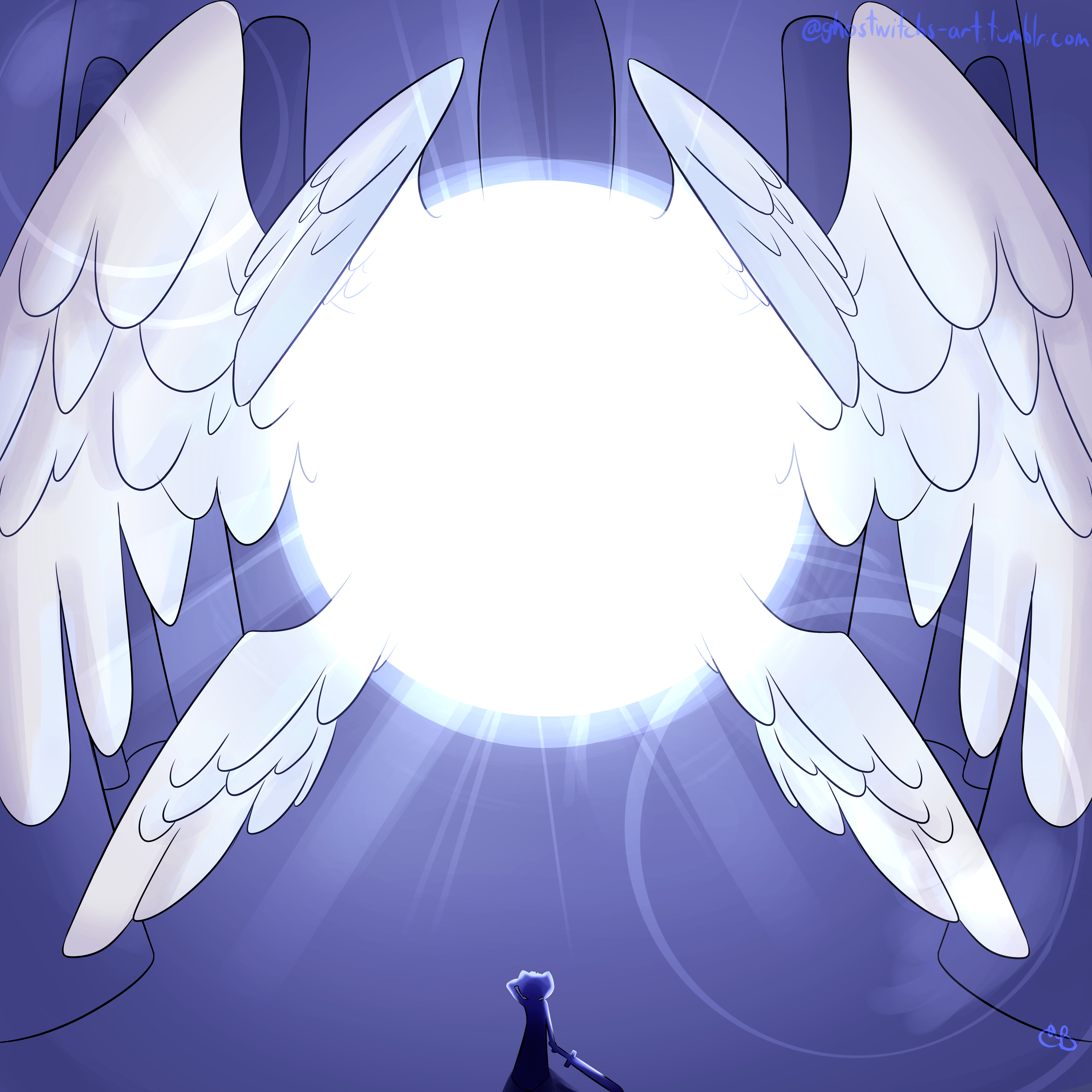 God's wings open up revealing a very bright ball of white light, illuminated the room and Diana. Diana has raised her arm to shield her eyes.